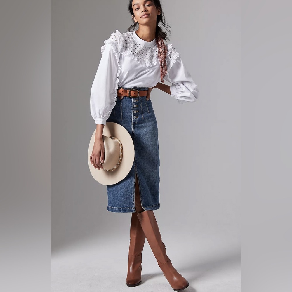 ANTHROPOLOGIE Pilcro Slim Denim Button-Front Midi Skirt Sz 6